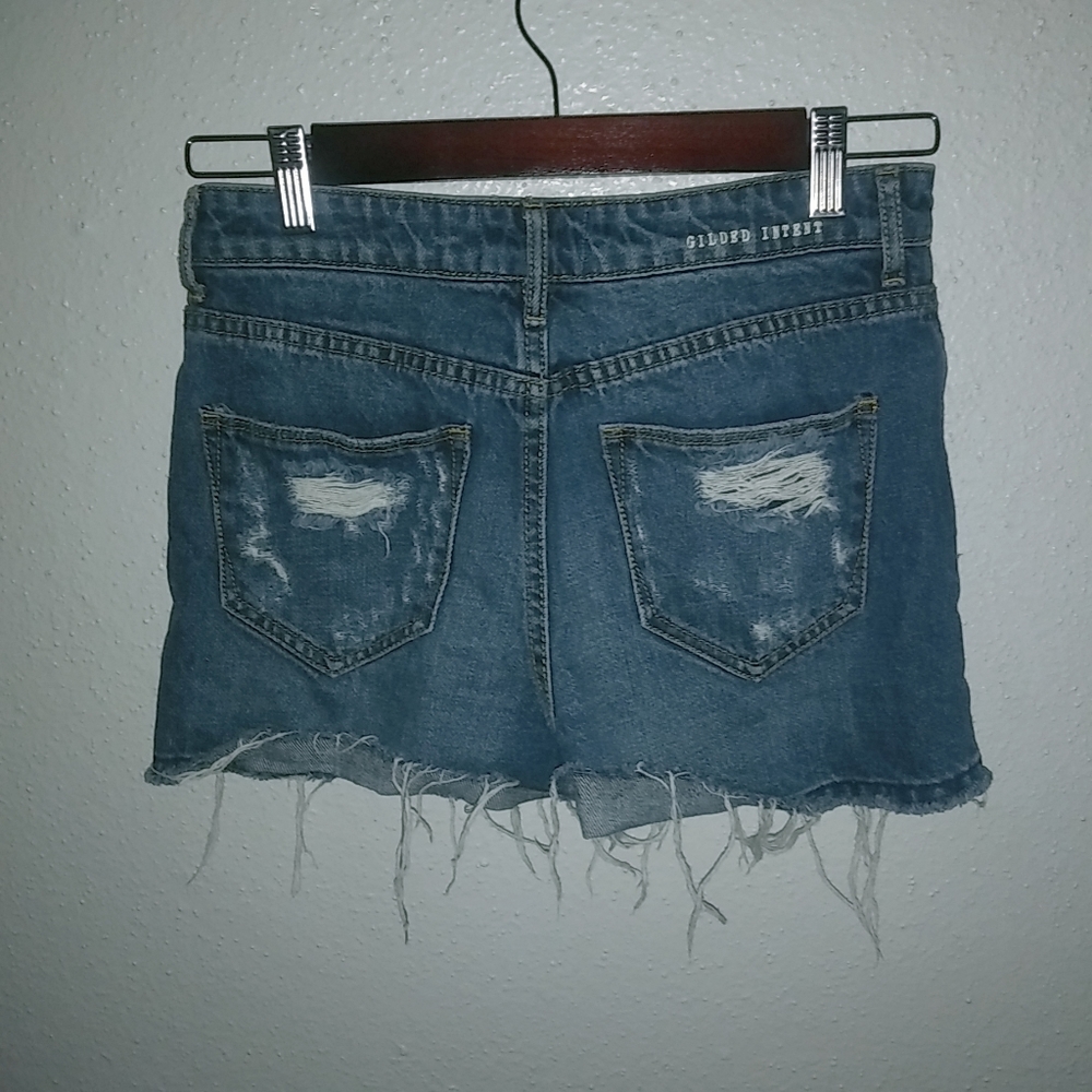 Gilded Intent 25 High Rise Distressed Dark Wash Raw Hem Jeans Shorts - Picture 4 of 9